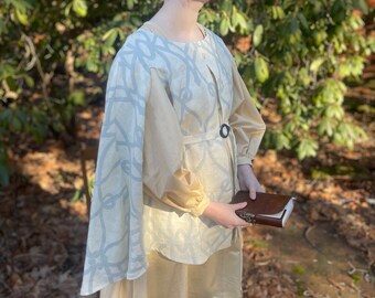 Cape Tunic with Arm Slits and Matching Belt in Printed Linen