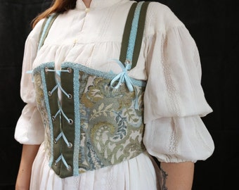 Lace Front Ren Faire Maiden Bodice size L in Blue and Green Tapestry