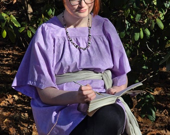 Simple Yoked Chemise Tunic Dress in Lilac Cotton Print for LARP Cosplay Historybounding Garb