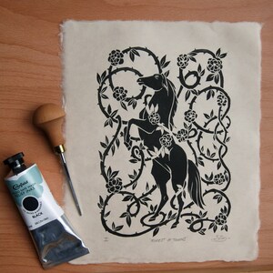 Forest of Thorns Fairytale Sleeping beauty horse rose bush black lino print art, historical tale, fantasy medieval art handmade handprinted