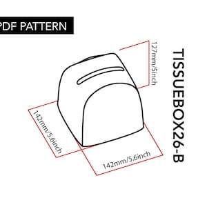 Puede incluir: Un dibujo en blanco y negro de una caja de pañuelos con dimensiones etiquetadas en pulgadas. La caja de pañuelos tiene 5,6 pulgadas de ancho, 5,6 pulgadas de largo y 5 pulgadas de alto. El texto "TISSUEBOX26-B" está escrito verticalmente en el lado derecho de la imagen.