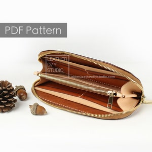 Patrón de billetera con cremallera de cuero/Patrón de billetera larga PDF/Plantilla de billetera DIY/Patrón de artesanía en cuero/Instrucciones en video tutorial/agujero de costura