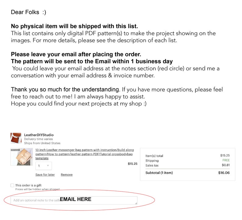 May include: A digital download for a 13-inch leather messenger bag pattern. The pattern includes instructions, a tutorial, and a template. The pattern is available for $15.25. The text "EMAIL HERE" is highlighted in a red circle.