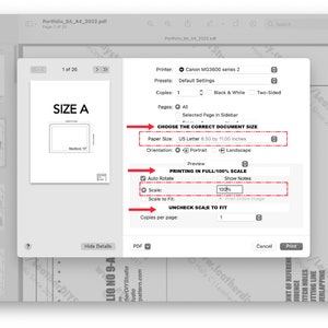 May include: A screenshot of a computer screen showing a print dialog box with options for printer, paper size, orientation, scale, and copies per page. The dialog box is titled "CHOOSE THE CORRECT DOCUMENT SIZE" and "PRINTING IN FULL/100% SCALE". The paper size is set to "US Letter 8.50 by 11.00 inches". The scale is set to "100%".