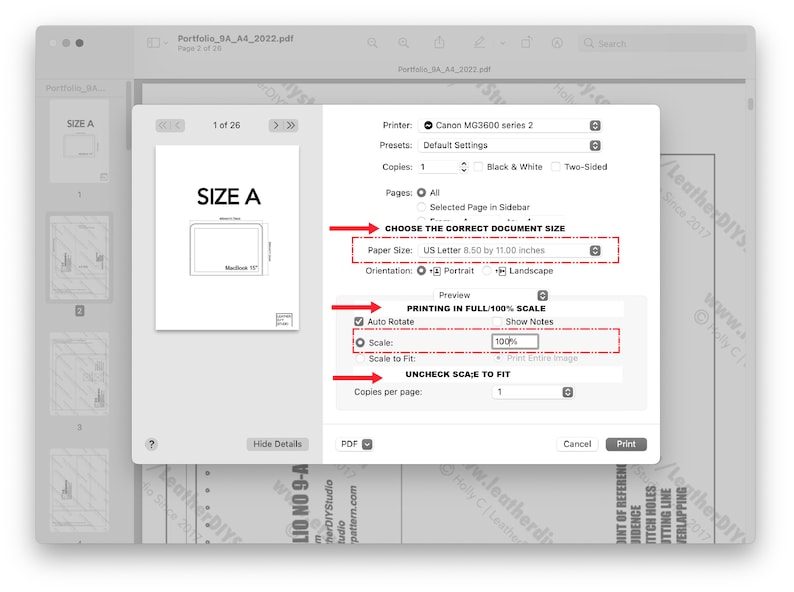 May include: A screenshot of a computer screen showing a print dialog box with options for printer, paper size, orientation, scale, and copies per page. The dialog box is titled "CHOOSE THE CORRECT DOCUMENT SIZE" and "PRINTING IN FULL/100% SCALE". The paper size is set to "US Letter 8.50 by 11.00 inches". The scale is set to "100%".