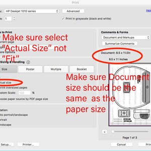 May include: A computer screen showing a print dialog box with options for page sizing and handling. The selected option is "Actual size". The text "Make sure select "Actual Size" not "Fit" " is highlighted in red. The text "Make sure Document size should be the same as the paper size" is also highlighted in red. The document size is 8.5 x 11.0 inches.