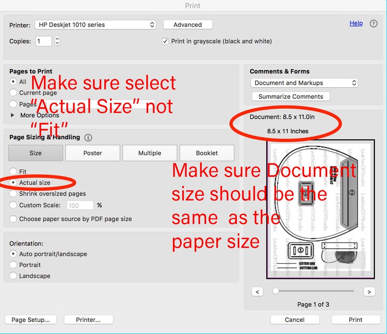 May include: A computer screen showing a print dialog box with options for page sizing and handling. The selected option is "Actual size". The text "Make sure select "Actual Size" not "Fit" " is highlighted in red. The text "Make sure Document size should be the same as the paper size" is also highlighted in red. The document size is 8.5 x 11.0 inches.