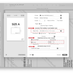 Puede incluir: Una captura de pantalla de una computadora que muestra un cuadro de di&aacute;logo de impresi&oacute;n con opciones para la impresora, el tama&ntilde;o del papel, la orientaci&oacute;n, la escala y las copias por p&aacute;gina. El cuadro de di&aacute;logo se titula "CHOOSE THE CORRECT DOCUMENT SIZE" y "PRINTING IN FULL/100% SCALE". El tama&ntilde;o del papel est&aacute; configurado en "US Letter 8.50 by 11.00 inches". La escala est&aacute; configurada en "100%".