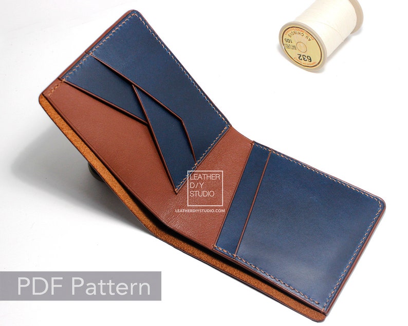 May include: A brown and blue leather wallet with a stitched edge. The wallet has multiple pockets and is folded in half. The text "Leather DIY Studio" and "leatherdiystudio.com" is printed on the wallet. The image is labeled "PDF Pattern".