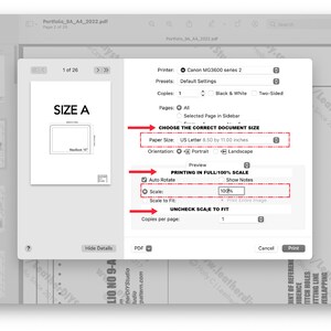 May include: A screenshot of a computer screen showing a print dialog box with options for printer, paper size, orientation, scale, and copies per page. The dialog box is titled "CHOOSE THE CORRECT DOCUMENT SIZE" and "PRINTING IN FULL/100% SCALE". The paper size is set to "US Letter 8.50 by 11.00 inches". The scale is set to "100%".