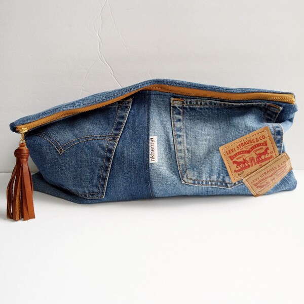 Upcycled Levi Denim Clutch, Oversized Clutch Purse, Denim, Clutch Bag Repurposed Denim, OOAK, Roll Top Clutch Purse, Zippered Clutch Purse