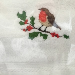 Embroidered American Robin Bird White Kitchen Terry Waffle Weave