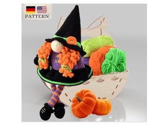 ハロウィンのノーム魔女のあみぐるみパターン 小さな魔女のかぎ針編み人形パターン あみぐるみ人形パターン PDF 英語ドイツ語チュートリアル