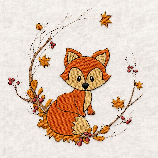 Fox embroidery design, cute autumn fox machine embroidery, woodland animal pattern, baby kids design, PES DST files
