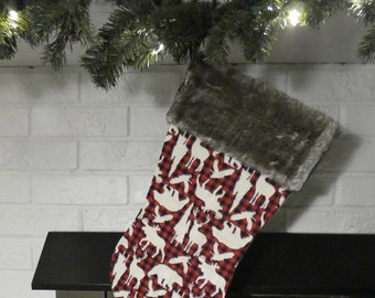 Christmas Stocking - Wildlife Stocking - Red and Black Gingham with Wooden Animals