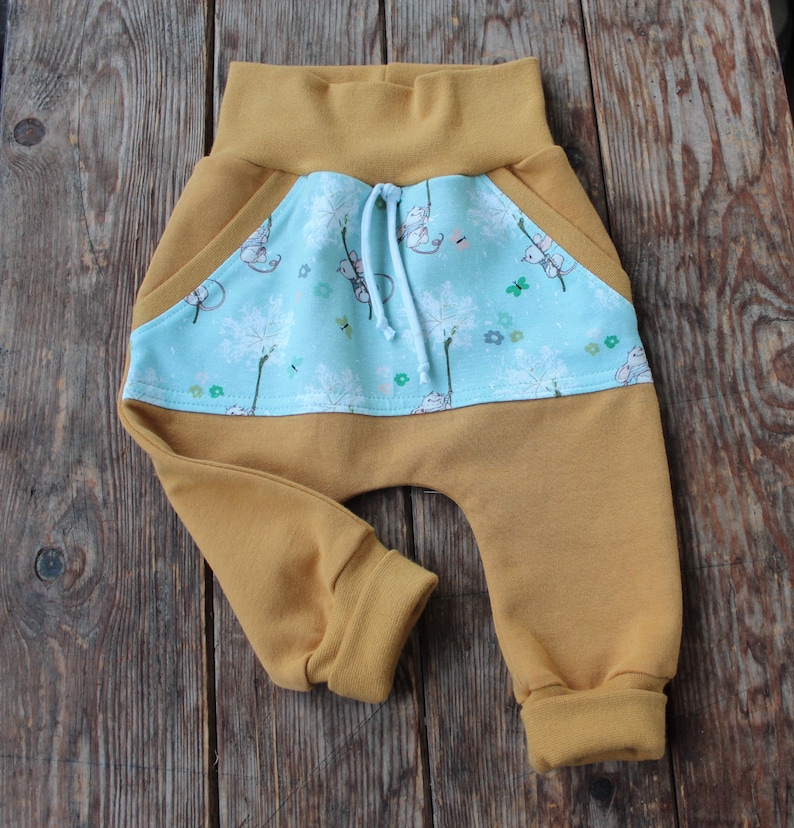 mustard yellow turquoise mice ready to ship 2-piece set size 68 long sleeve shirt and pants