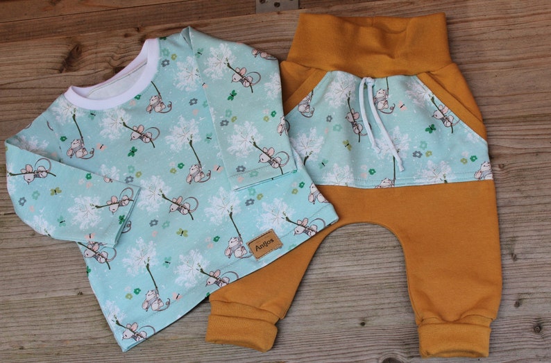 mustard yellow turquoise mice ready to ship 2-piece set size 68 long sleeve shirt and pants