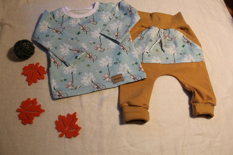mustard yellow turquoise mice ready to ship 2-piece set size 68 long sleeve shirt and pants