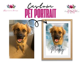 Printed Custom Dog Pet Portrait Drawn Pet Watercolor Painted Drawing Puppy Cat Kitten illustration art dog illustration dog drawing drawn