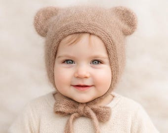 Gorro de oso de seda de alpaca de lujo – Gorro de bebé hecho a mano – Gorro de invierno esponjoso para recién nacidos – Regalo de reliquia para bebé – Tejido en Alemania