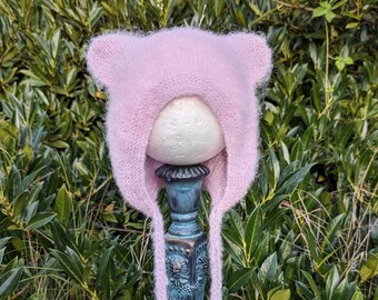 fluffy bear bonnet unisex / knit alpaca silk bearbonnet / mohair baby bonnet / woolhat  /animalhat