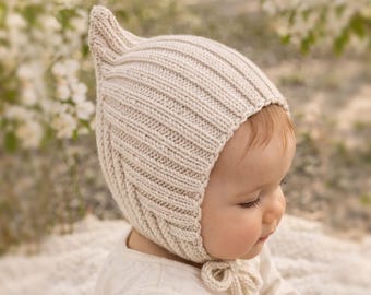 Organic Merino Wool Baby Pixie Hat, Knit Newborn Beanie