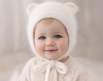Hand Knit Baby Bear Bonnet – Soft Mink Wool Baby Hat with Ears – Luxury Fuzzy Baby Bonnet – Newborn Toddler Photo Prop – Unisex Baby Gift