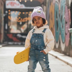 Könnte beinhalten: Ein Kind mit einer hellvioletten Mütze mit Aufnäher, einem cremefarbenen Kapuzenpullover und einer Jeans-Latzhose. Das Kind hält ein gelbes Skateboard und trägt weiße Turnschuhe. Im Hintergrund eine Graffiti-Wand und Lichterketten.