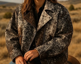 May include: A person wearing a brown cowboy hat and a brown and white patterned jacket. The jacket has a zipper closure. The person is sitting on a horse in a field.