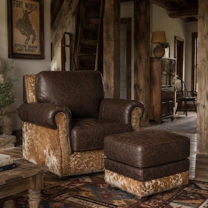 Western Leather Armchair Ottoman | Brown Cowhide Furniture Lounge Chair image 1