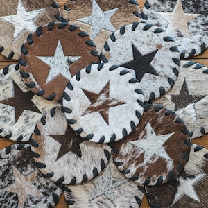 Cowhide Coasters – Star Design, Assorted Tones, 4.5&quot;