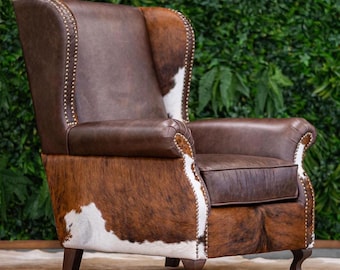 Leather Wingback Chair with Cowhide Accents – Leather Armchair - Rustic Decor