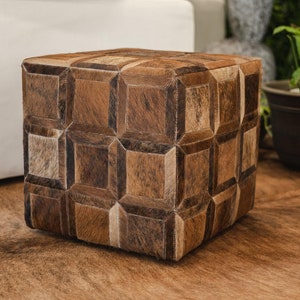 Brindle Real Cowhide Footstool - Leather Ottoman Pouf |  Natural Leather - 18x18x19&#39;&#39;