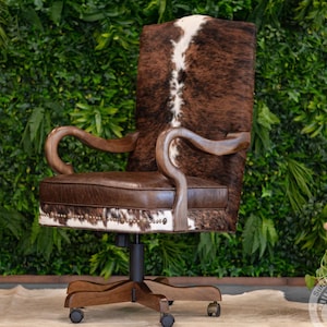 Executive Chair - Leather Office Chair with Cowhide Accents - Brindle Tricolor Tones