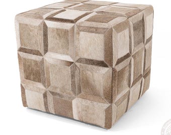 Real Cowhide Footstool - Handmade Leather Ottoman Pouf | Unique Natural Cowhide Decor - Size 18x18x19''