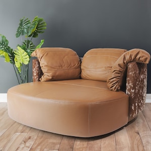 Leather Loveseat with Cowhide Accents– Brown & White Swivel Sofa – Rustic Western Cabin Style Furniture