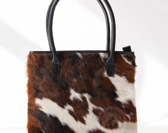 Cowhide Handbag, Tricolor – Natural Leather, 13x11x4"