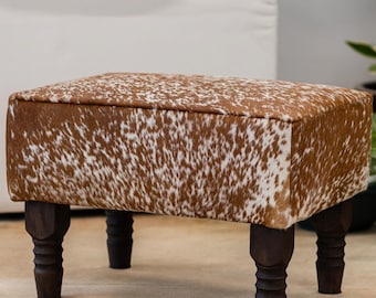 Real Cowhide Ottoman Footstool with Wooden Legs – 28x18x18"