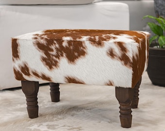 Real Cowhide Ottoman Footstool with Wooden Legs – 26x18x18"