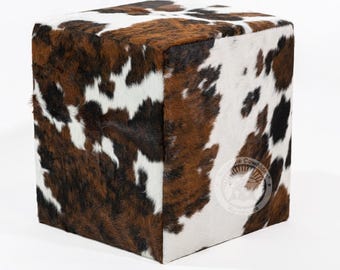 Tricolor Real Cowhide Footstool - Handmade Leather Ottoman Pouf | Unique Natural Cowhide Decor - 18x18x19''