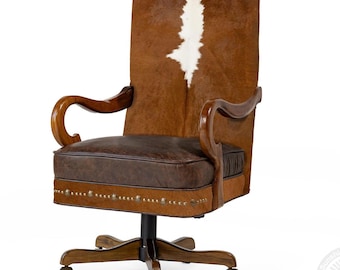 Leather Office Chair with Cowhide Accents | Handmade Rustic Desk Chair