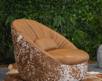 Leather Barrel Chair with Cowhide Accents – Rustic Lounge Chair
