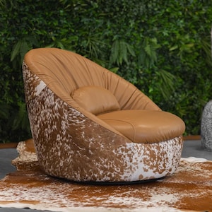 Barrel Chaise Chair with Cowhide Accents - Swivel Leather Chair