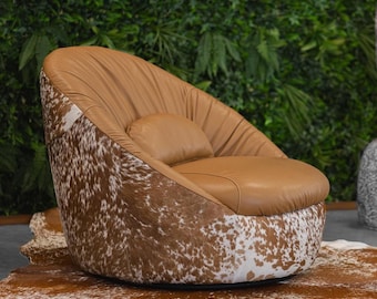Barrel Chaise Chair with Cowhide Accents - Swivel Leather Chair