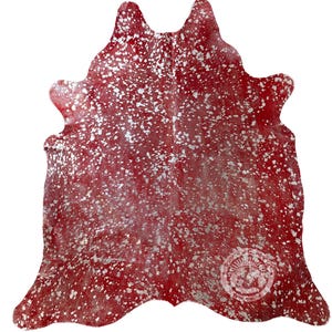 Premium Metallic Cowhide Rug, Silver on Dyed Red Rug XXL