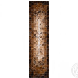 May include: A rectangular, brown and tan patterned rug with a mosaic design. The rug features a gradient effect, transitioning from dark brown edges to a lighter tan center. The design is made up of small, square tiles.