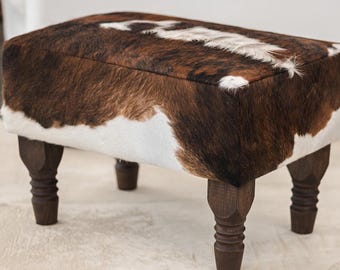 Cowhide Footstool with Wooden Legs – 26x18x18" - Tricolor Tones