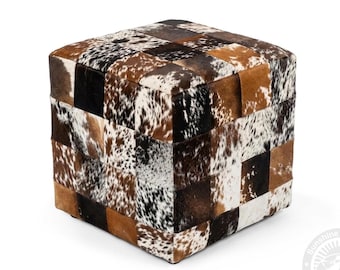 Tricolor Patchwork Real Cowhide Footstool - Handmade Leather Ottoman Pouf | Unique Natural Cowhide Decor - 18x18x19''