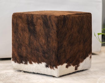 Brindle Tricolor Real Cowhide Footstool - Handmade Leather Ottoman Pouf | Unique Natural Cowhide Decor - 18x18x19''