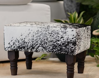 Real Cowhide Ottoman Footstool with Wooden Legs – 28x18x18"